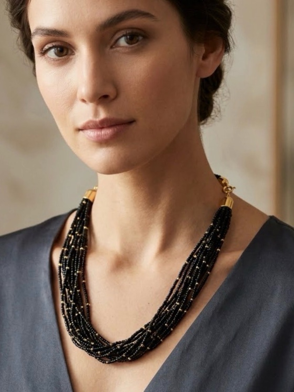 Elegant Black and Gold Multi-Strand Glass Seed Beaded Necklace EUC